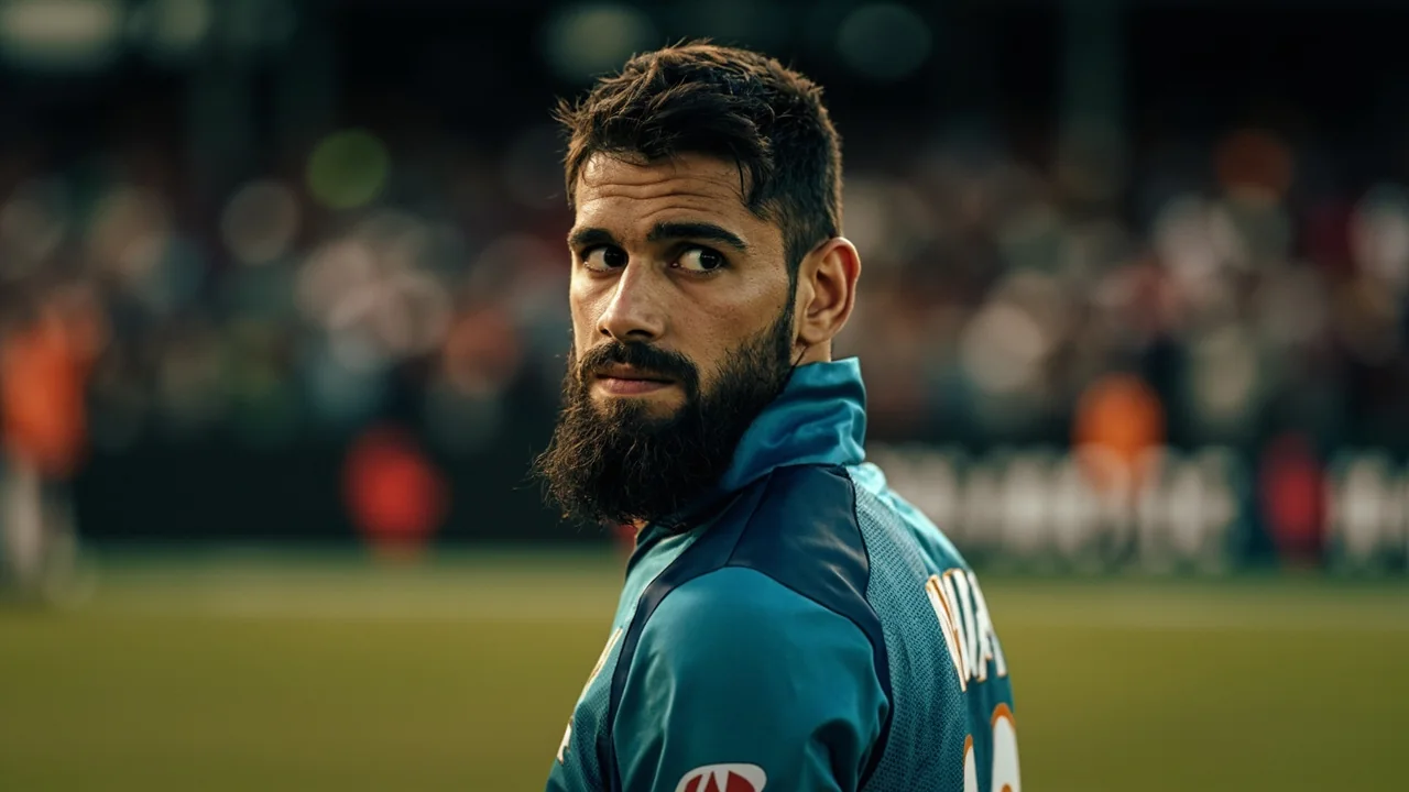 Close editorial frame of a cricket batter at the crease in the moments before a delivery, bat lifted, eyes on the bowler under stadium lights