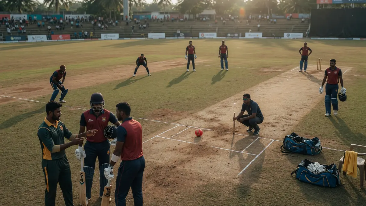 Fielders and a bowler set in a tactical ring on a sunlit cricket ground