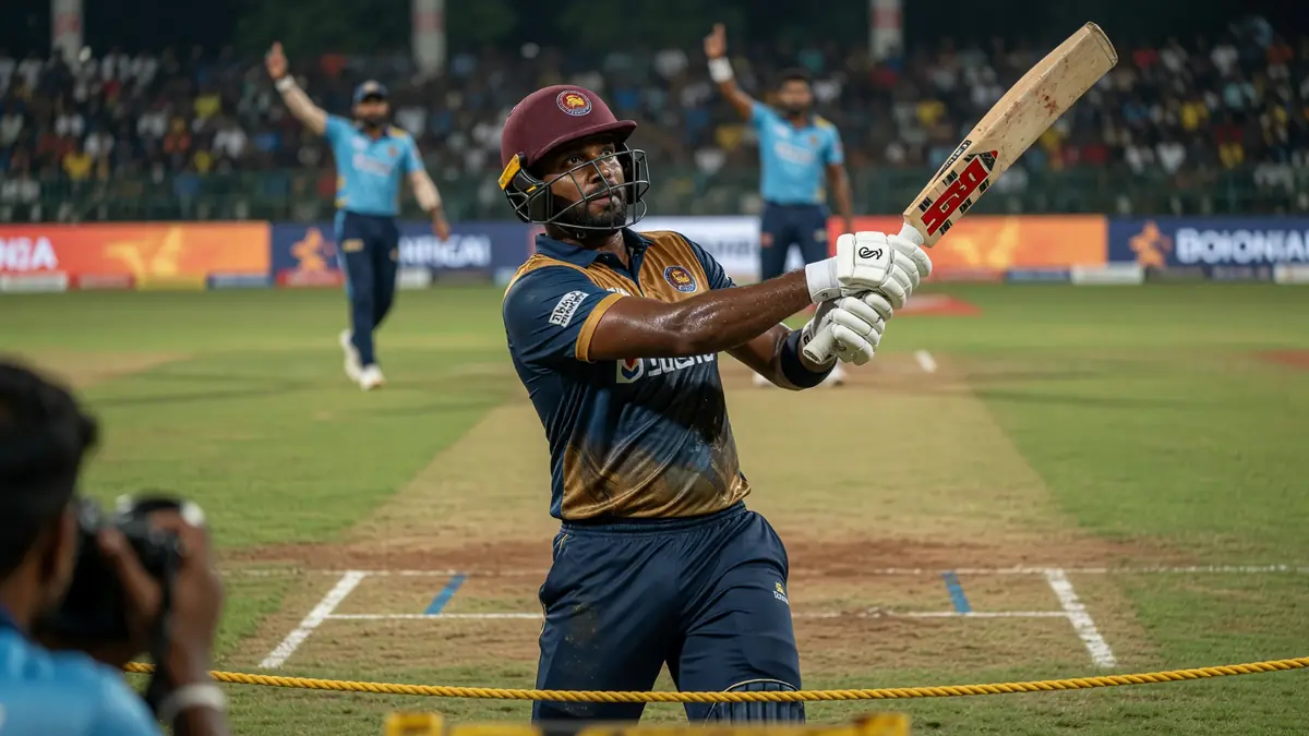 Cricket batter playing an attacking shot beside the pitch with a blurred stadium background